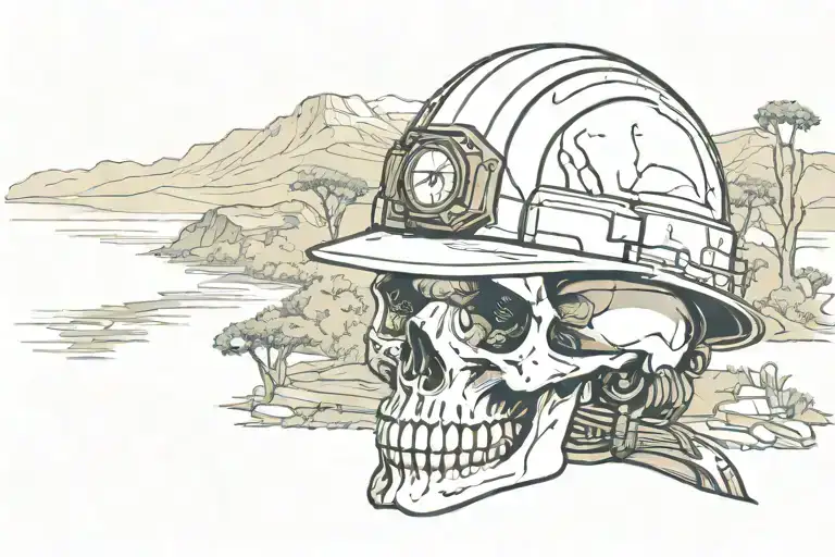 Skull Wearing Full Brim Hard Hat Surrounded By Scenic Views
