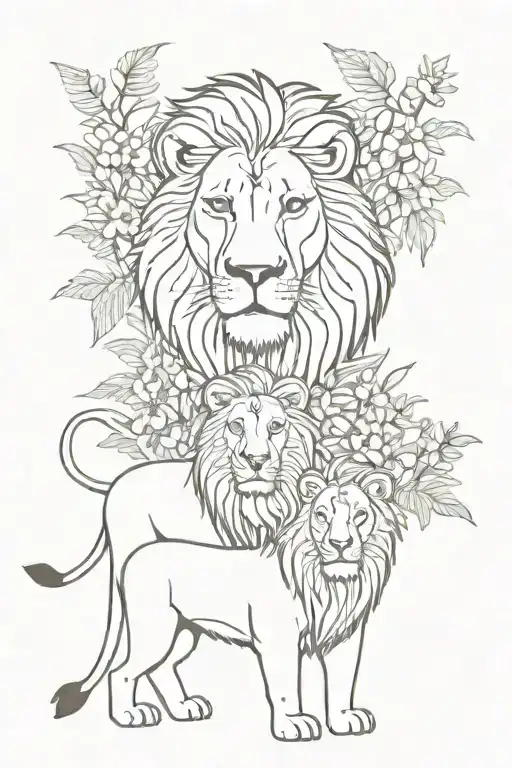 A Female Lion With A Male Lion Standing Behind Her With Plants And Flowers Surrounding Them