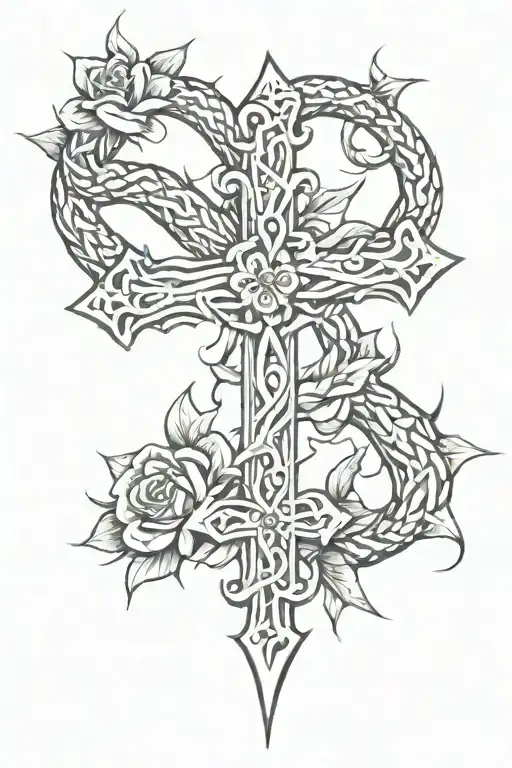 A 3D Cross With A Snake Covered In Rose Thorns Around It