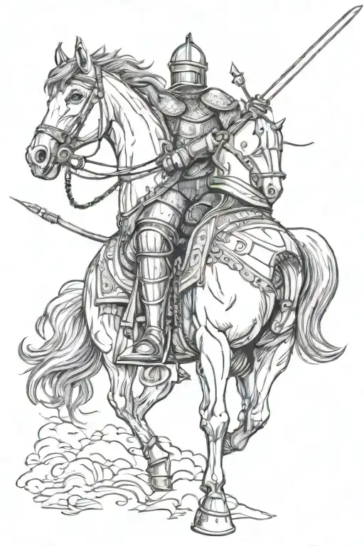 Knight In Armor On A Horse With Weapons Clouds Chains Air Lines