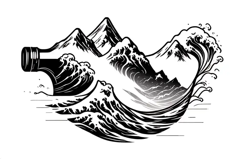 Mountain And The Ocean Wave Merging Inside A Bottle
