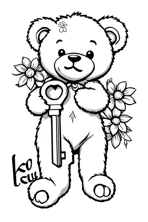 Cute Teddy Bear Holding A Beautiful Key With Flowers And A Cursive Letter K On Its Left Foot