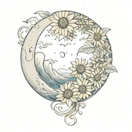 Half Moon With Sunflowers Wrapped Around And Ocean Waves Inside The Moon