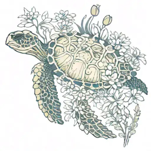 Turtle Skeleton Swim Flowers Surrounding