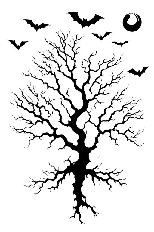 Poison Tree With Bats Flying Across And A Moon Rising