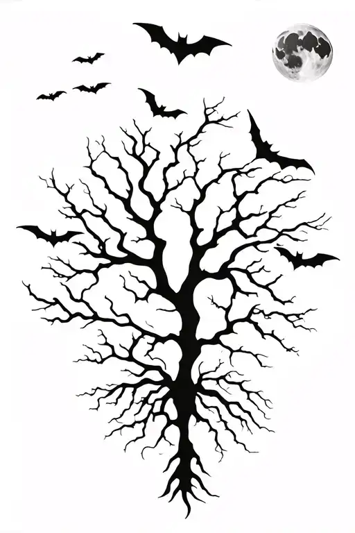 Poison Tree With Bats Flying Across And A Moon Rising