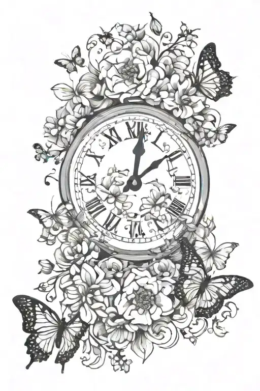 Broken Clock With Flowers And Butterflies With 999
