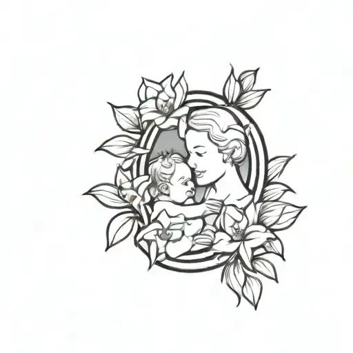 Mother Baby With Daffodils Around A Frame