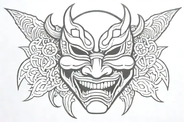 Japanese Mask Tattoo Sketch In Black On The Back With Fangs And Background