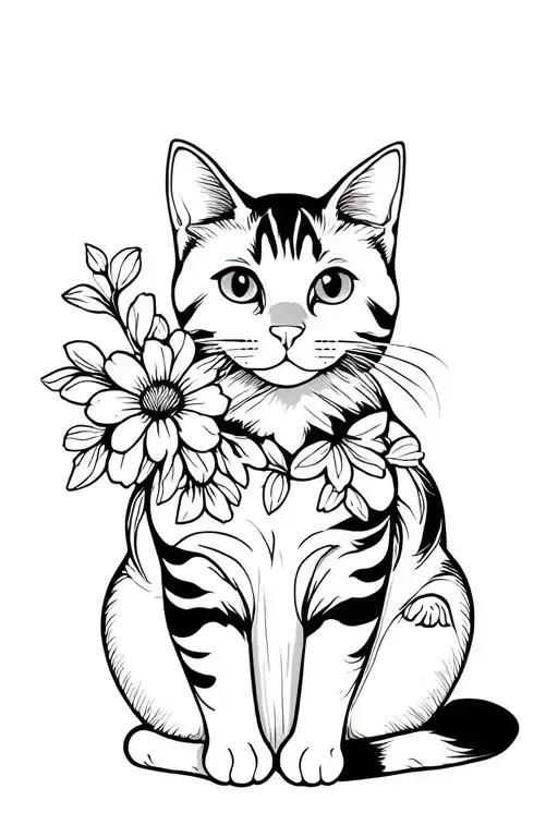 Cat And Spring Little Flowers