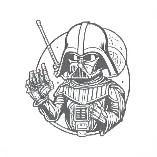 An Alien With The Body And Head Of Darth Vader And The Right Hand With A Peace