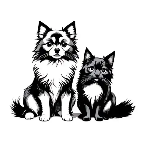 A Black Pomeranian Dog And A Grey British Cat Sit Side By Side
