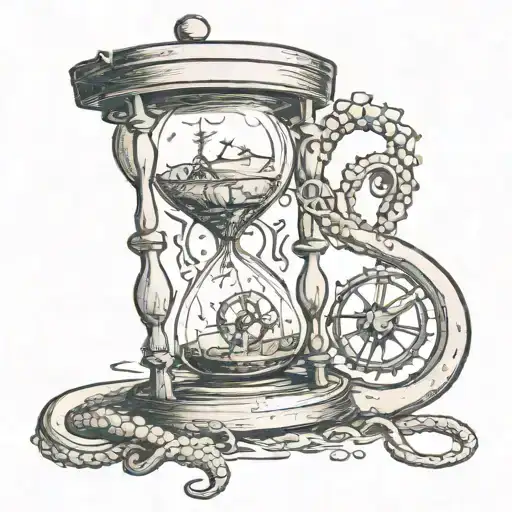 A Broken Hourglass With A Burning Compass Held By An Octopus