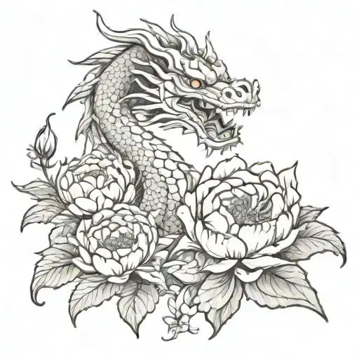 Eastern Dragon Holding A Peony Flowers Growing