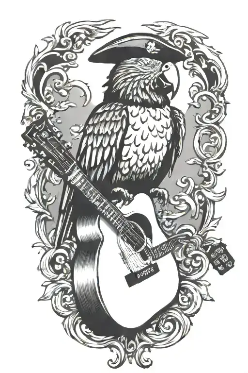 Parrot Pirate Hat Perched On Guitar