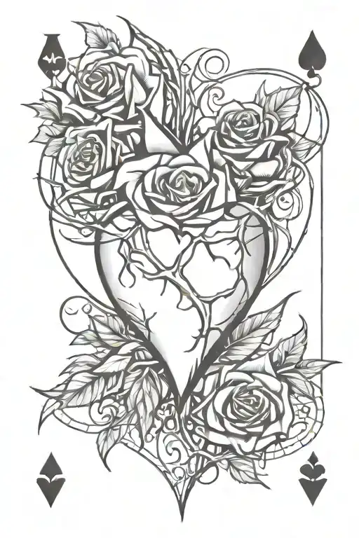 Heart Covered By A Rose With Thorns On A Playing Card