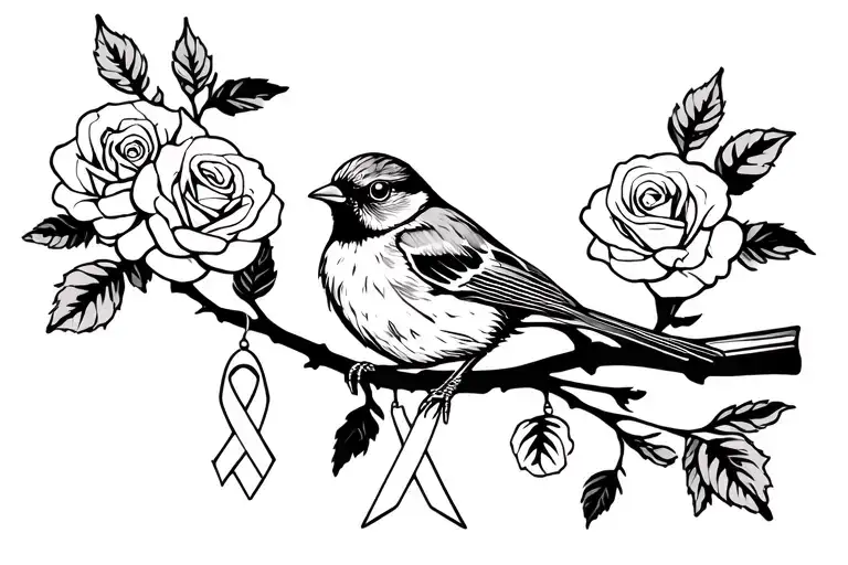 Robin Sitting On Branch With Roses Around It With A Cancer Ribbon Hanging On The Branch