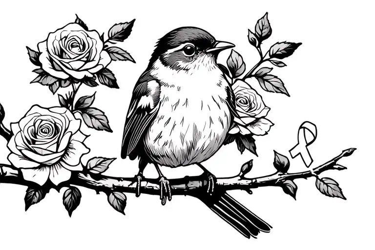 Robin Sitting On Branch With Roses Around It With A Cancer Ribbon Hanging On The Branch