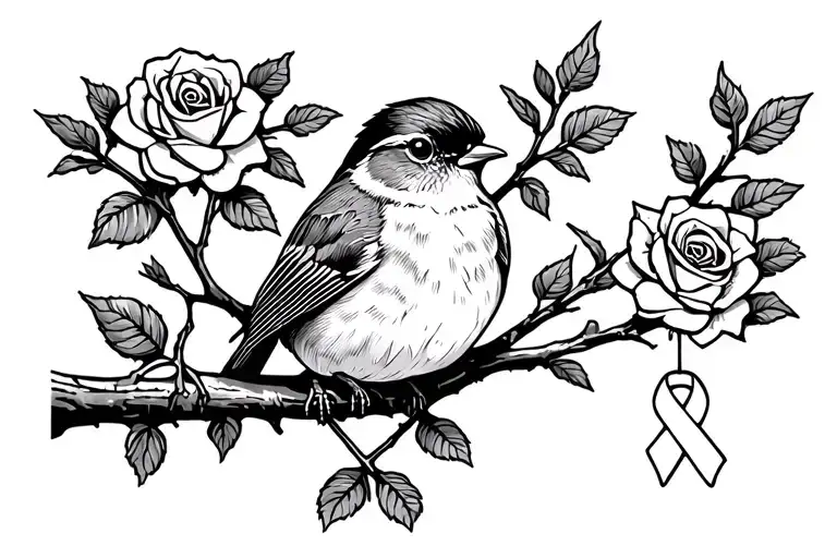 Robin Sitting On Branch With Roses Around It With A Cancer Ribbon Hanging On The Branch