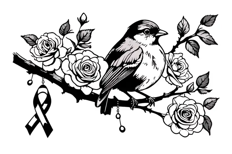 Robin Sitting On Branch With Roses Around It With A Cancer Ribbon Hanging On The Branch
