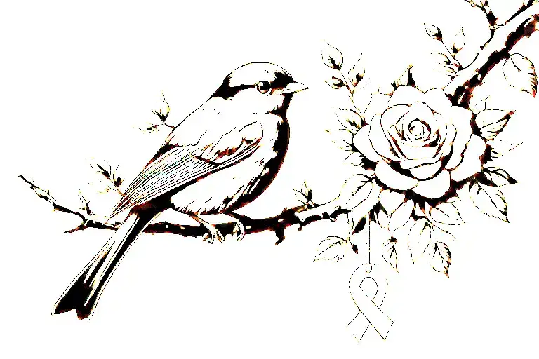 Robin Sitting On Branch With Roses Around It With A Cancer Ribbon Hanging On The Branch