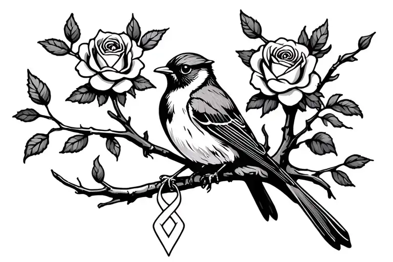 Robin Sitting On Branch With Roses Around It With A Cancer Ribbon Hanging On The Branch