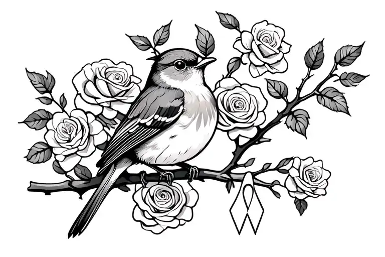 Orange Robin Sitting On Branch With Roses Around It With A Cancer Ribbon Hanging On The Branch