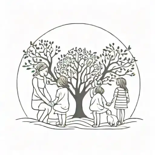 Woman And Three Little Daughters And A Tree Behind Them