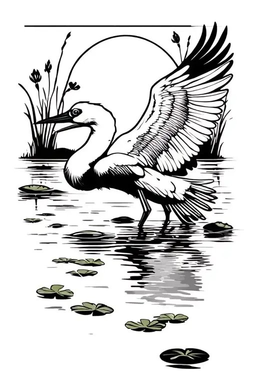 Stork With Wings Spread In Water With Lilypads In The Moonlight