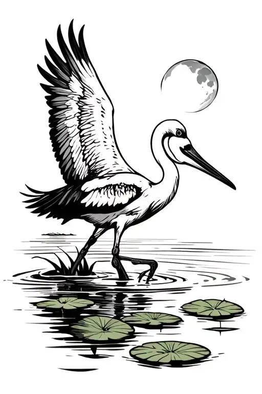 Stork With Wings Spread In Water With Lilypads In The Moonlight