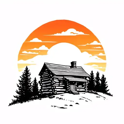 Log House On A Hill With Sunset Sky