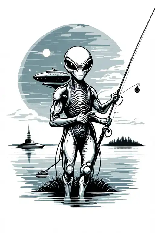 An Alien Holding A Fishing Pole With A Lake And Space Ship In The Background