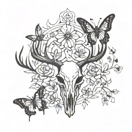 Symmetrical Floral Gothic Tribal Butterflies Flying Around A Deer Skull