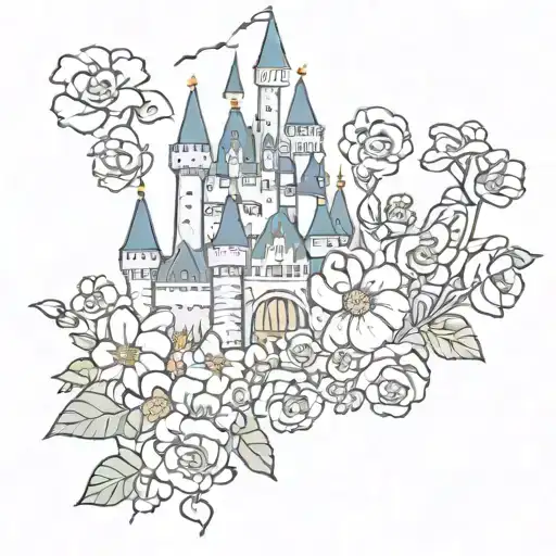 Disney Cartoon Castle With Birth Flowers Surrounding
