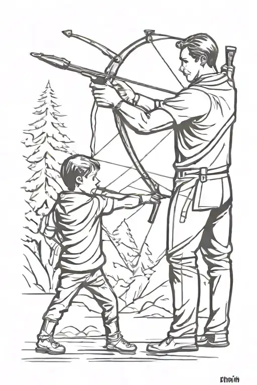 Father Teaching Archer Shooting To Son