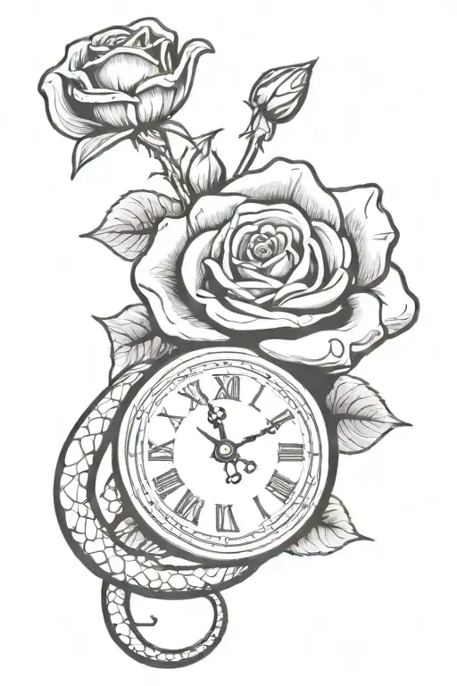 Hand Clock With Snake Vining Around With One Rose Behind Drawing