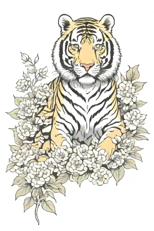 Japanese Tiger Surrounded By Florals