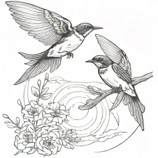 Two Swallows Flyinf With A Sun