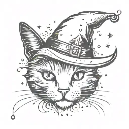 Detailed Cat With Witch Hat And Sparkles Around It