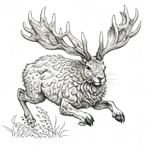 Black And White Pencil Drawing Of A Jackalope Running In The Woods