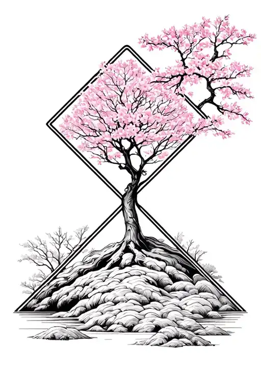 Cherry Blossom Tree Inside Diamond Shaped Line Outlining