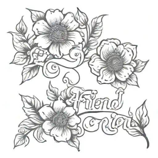 Matching Friend Script Tattoo With Flowers Growing