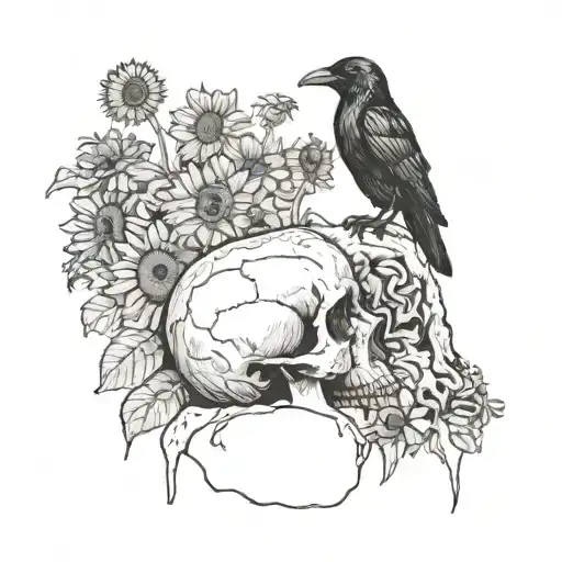 Crow Sitting On Top Of A Human Skull Surrounded By Sunflowers