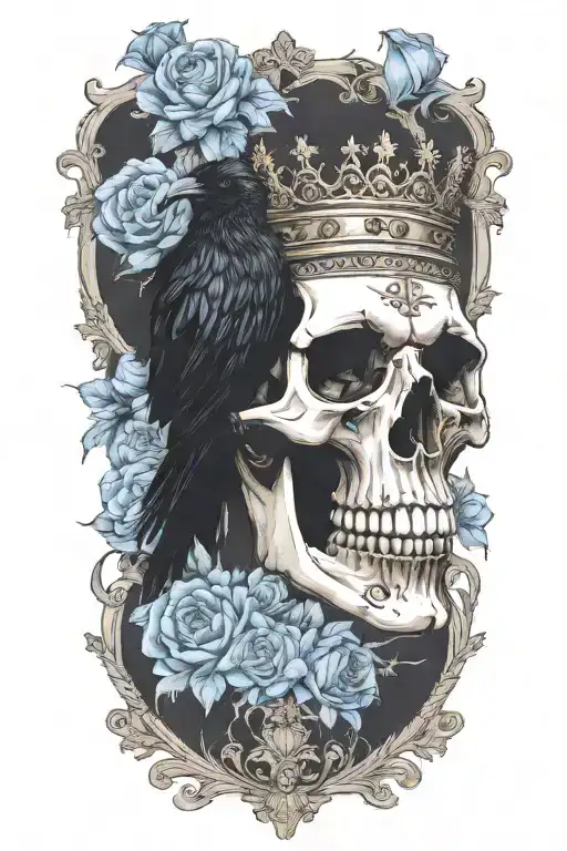 Skull Wearing Crown With Raven On And Blue Roses Intertwined