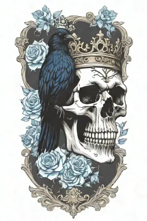 Skull Wearing Crown With Raven On And Blue Roses Intertwined