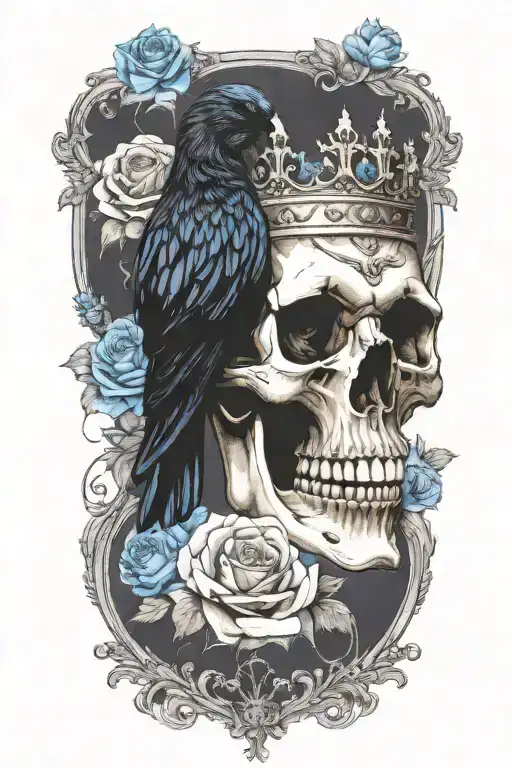 Skull Wearing Crown With Raven On And Blue Roses Intertwined