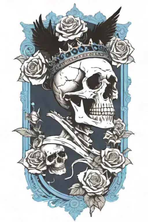 Skull Wearing Crown With Raven On Skull And Blue Roses