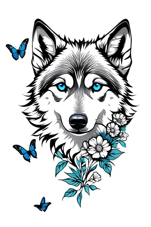 Black And White Wolf With Blue Eyes With A Floral Motif And Butterflies