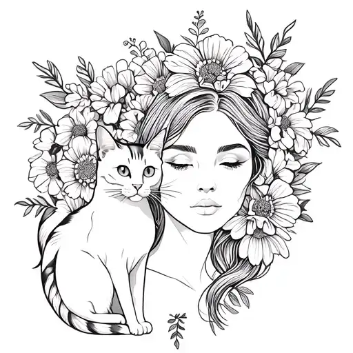 Outline Of A Woman And Cat Surrounded By Flowers