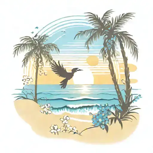 Sunrise Over Ocean With Palm Trees And A Bird Over With Forget Me Nots Flowers